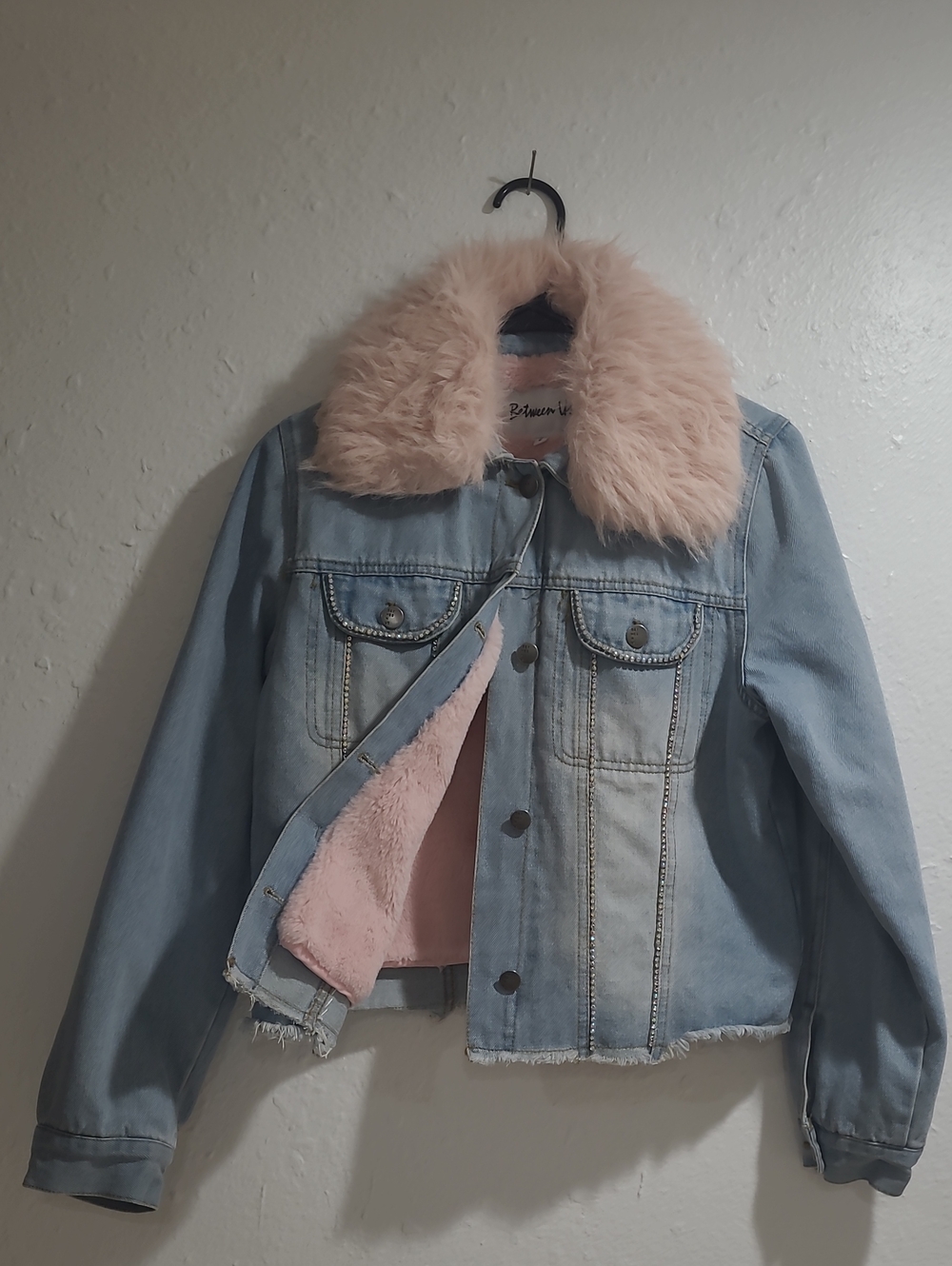 Brave Soul Light Blue Denim Jacket with Pink Faux Fur Collar